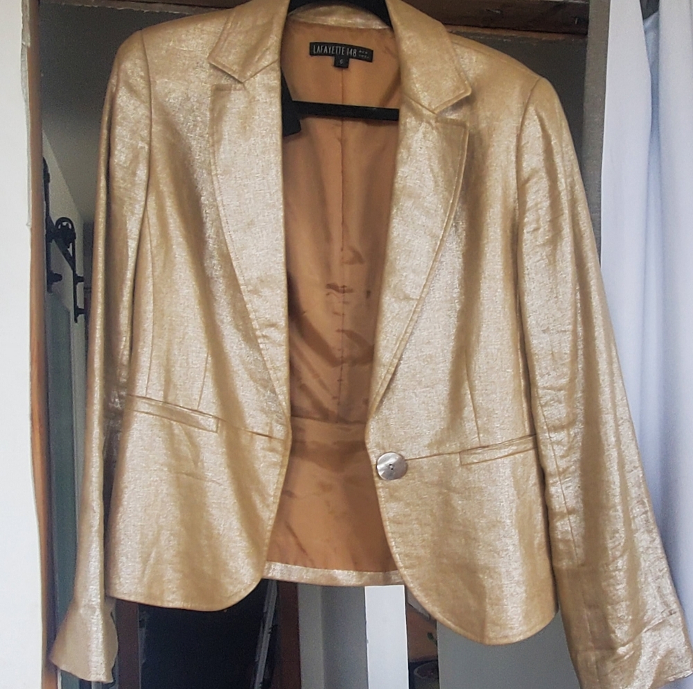 Lafayette 148 New York Womens Blazer 6 Gold Metallic Linen Single Button